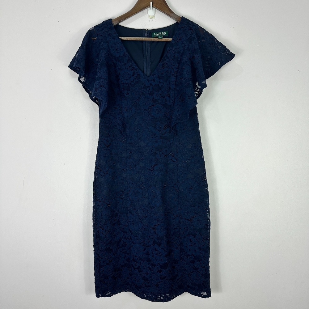 Lauren Ralph Lauren 8 Navy Lace Sheath Dress Flutter Sleeve‎ Cocktail Party
